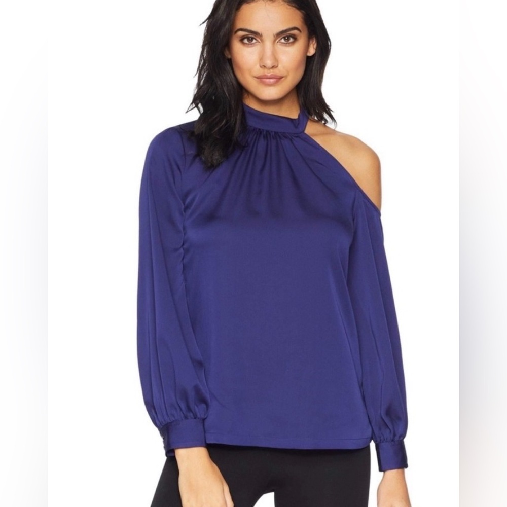 Trina Turk Negroni Blue Silky One Shoulder Long Sleeve High Neck Blouse Small S